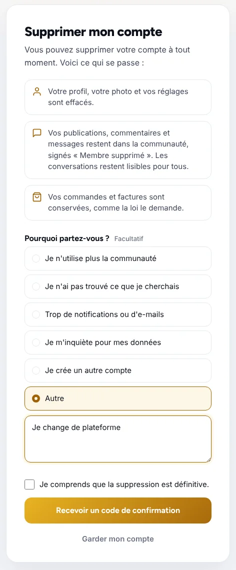 La page du membre : claire, avec la raison du départ en option.