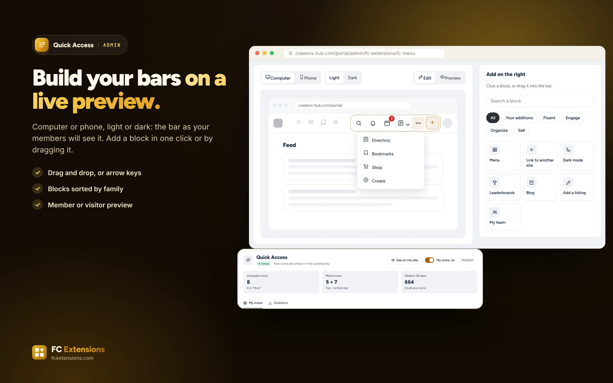 The Quick Access screen: the top bar preview with “More” open and the block list.