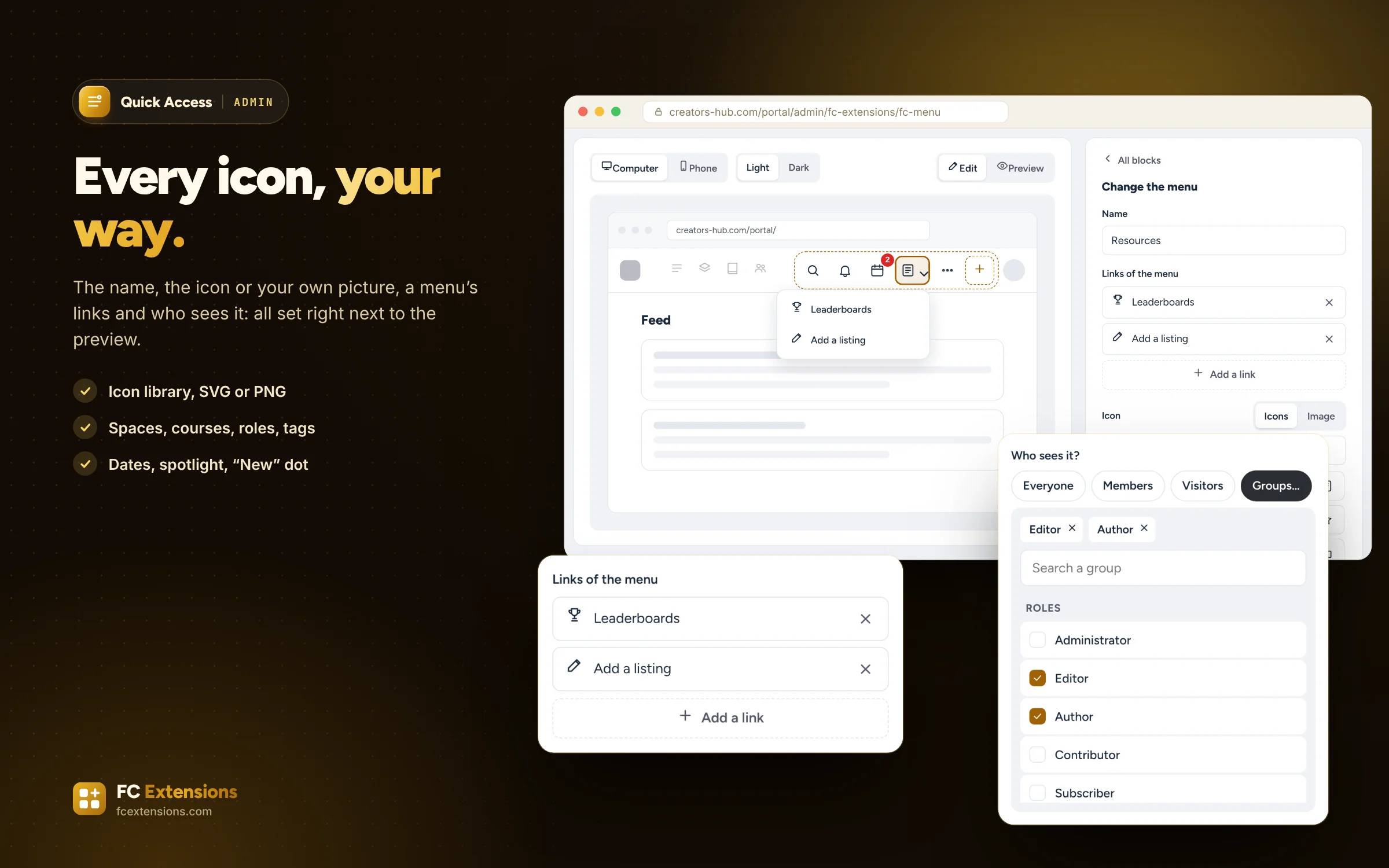 The “Resources” menu selected: its links and the groups that see it.