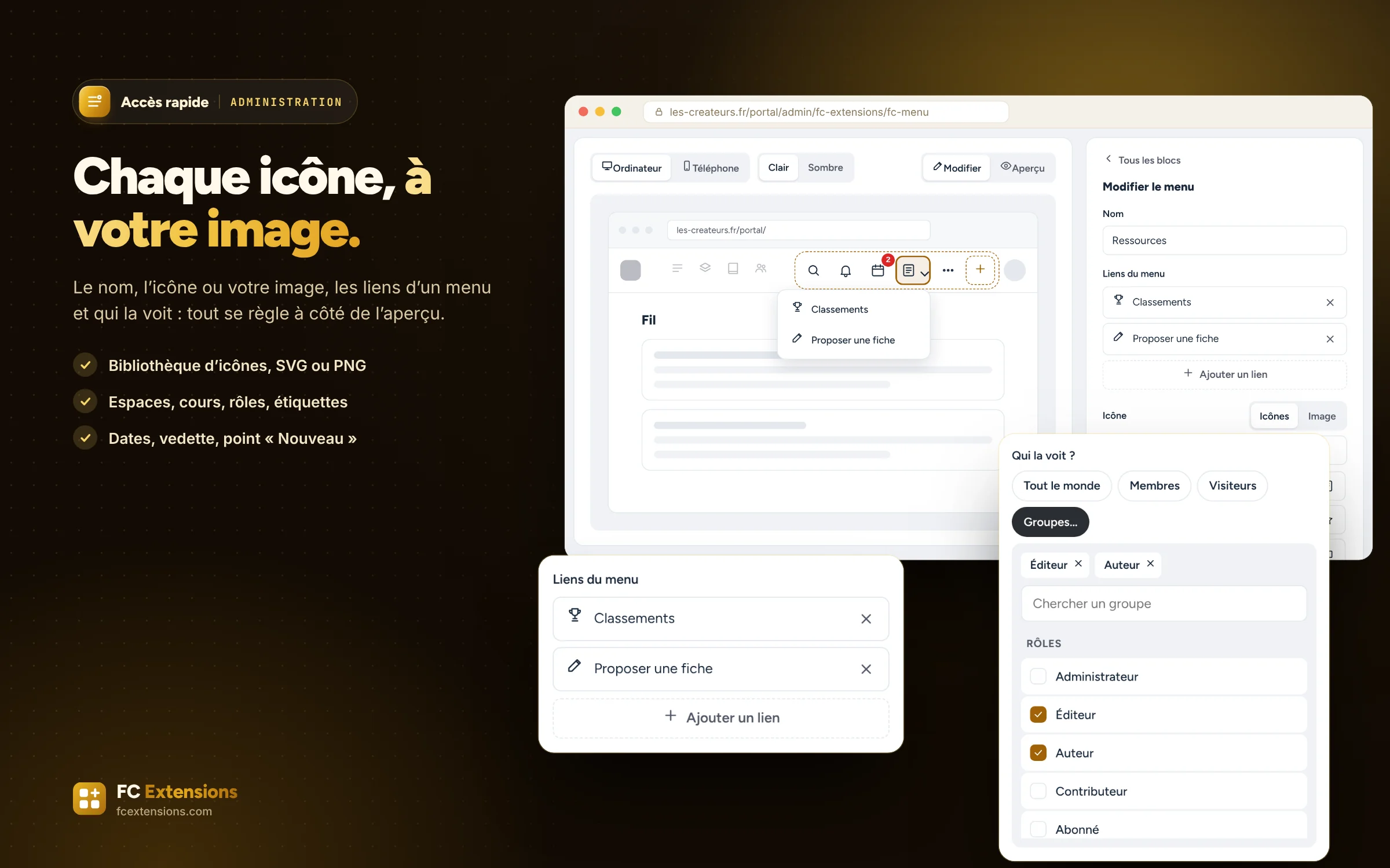 Le menu « Ressources » choisi : ses liens et les groupes qui le voient.