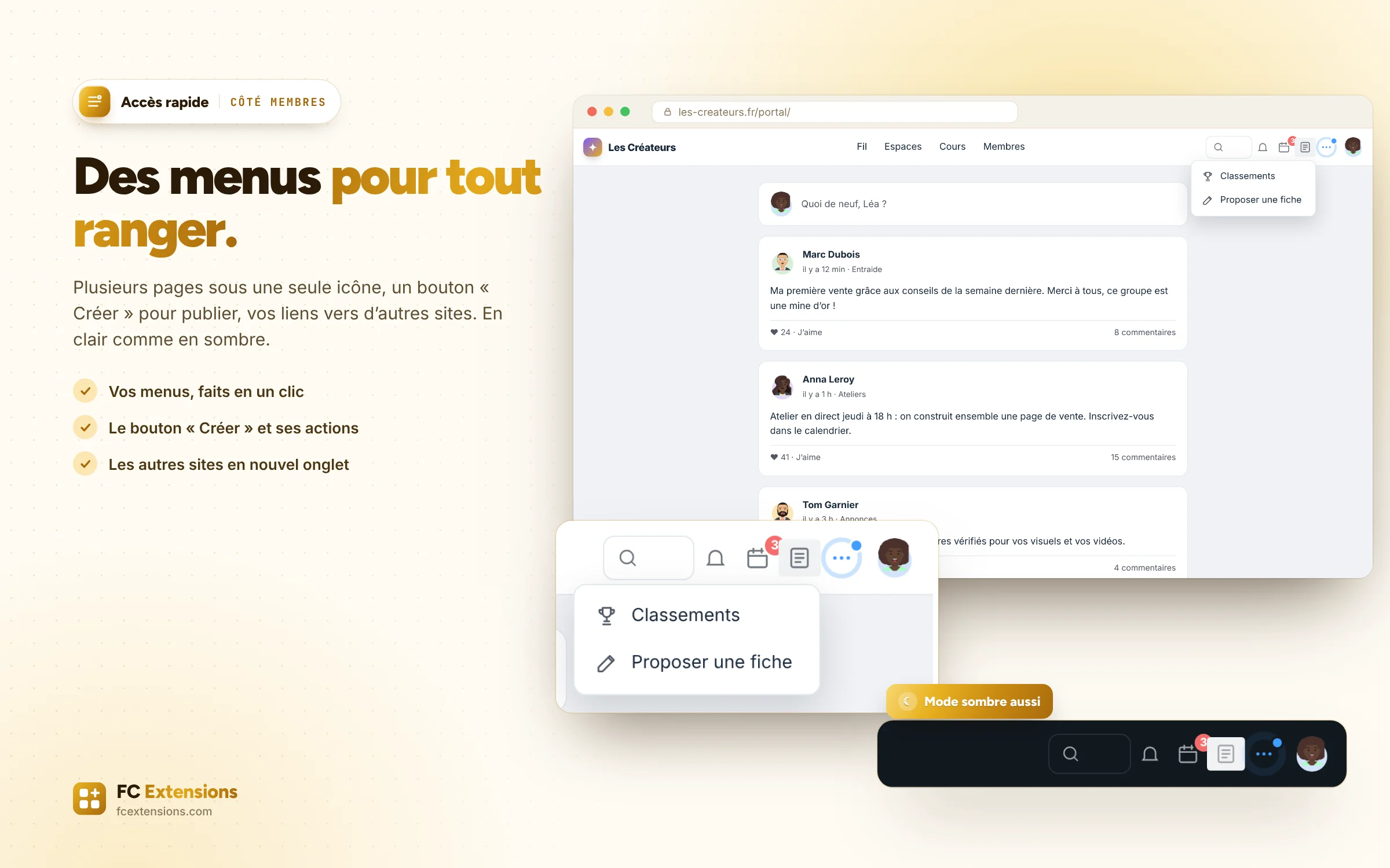 Le menu « Ressources » ouvert dans la barre du haut, et la barre en mode sombre.