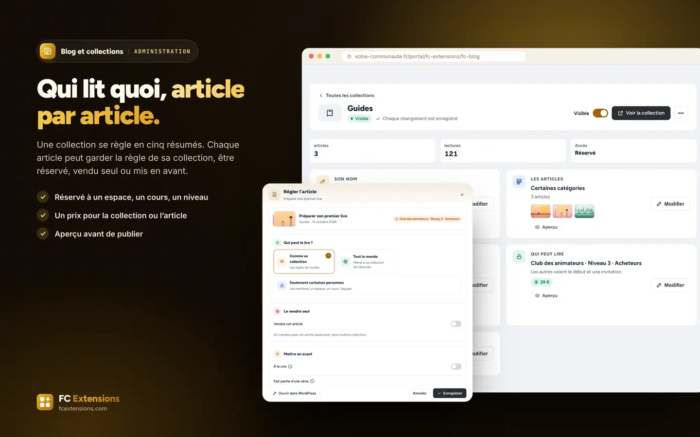 La page d’une collection et la fenêtre de réglage d’un article.