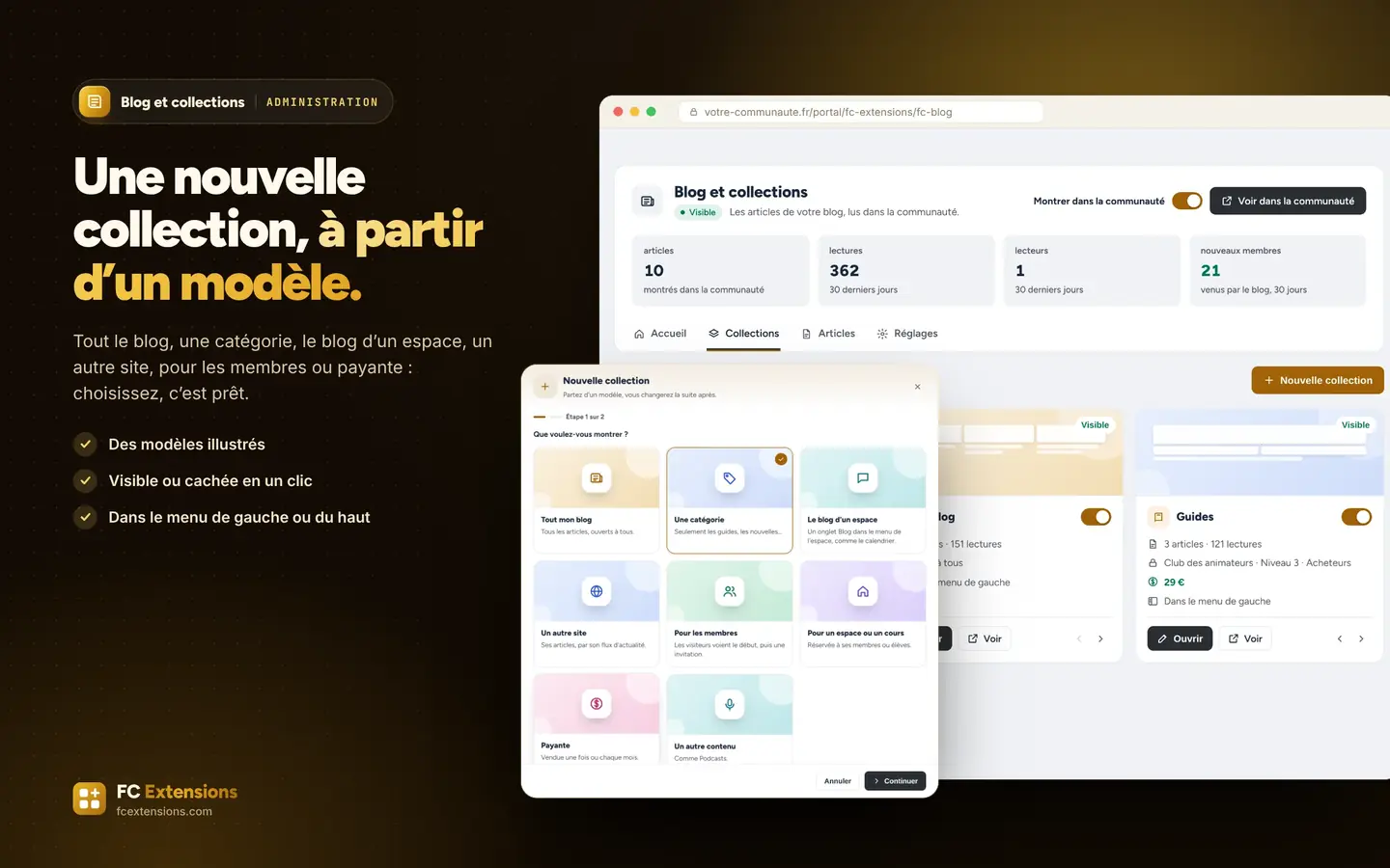 Vos collections et la fenêtre « Nouvelle collection ».