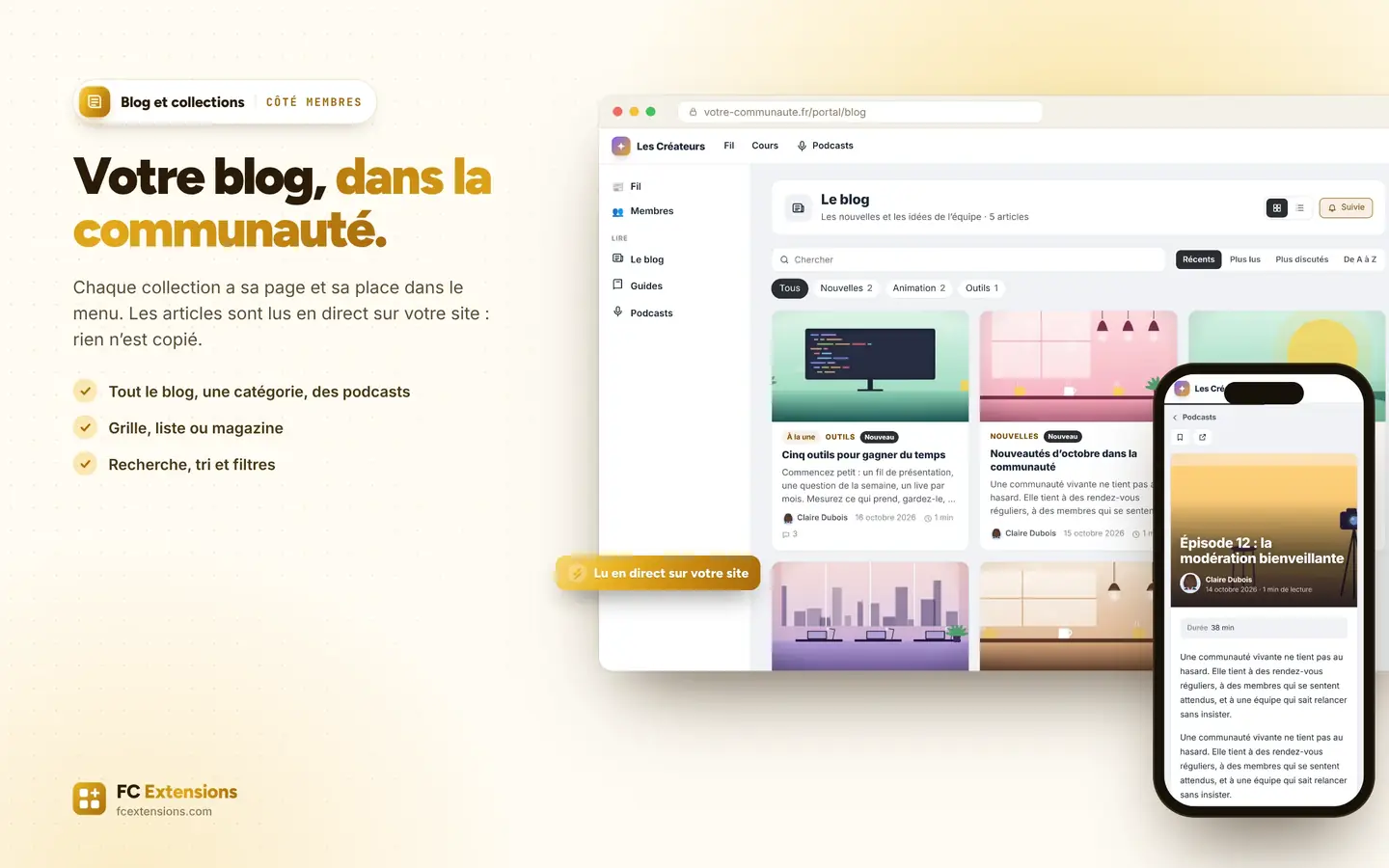 La collection « Le blog » dans la communauté, sur ordinateur et sur téléphone.