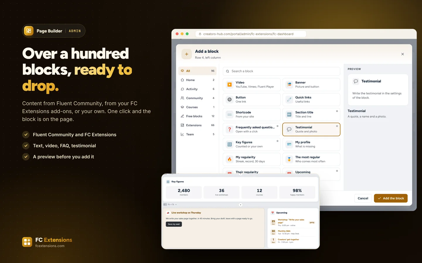 The “Add a block” window: families on the left, blocks in the middle, the preview on the right.