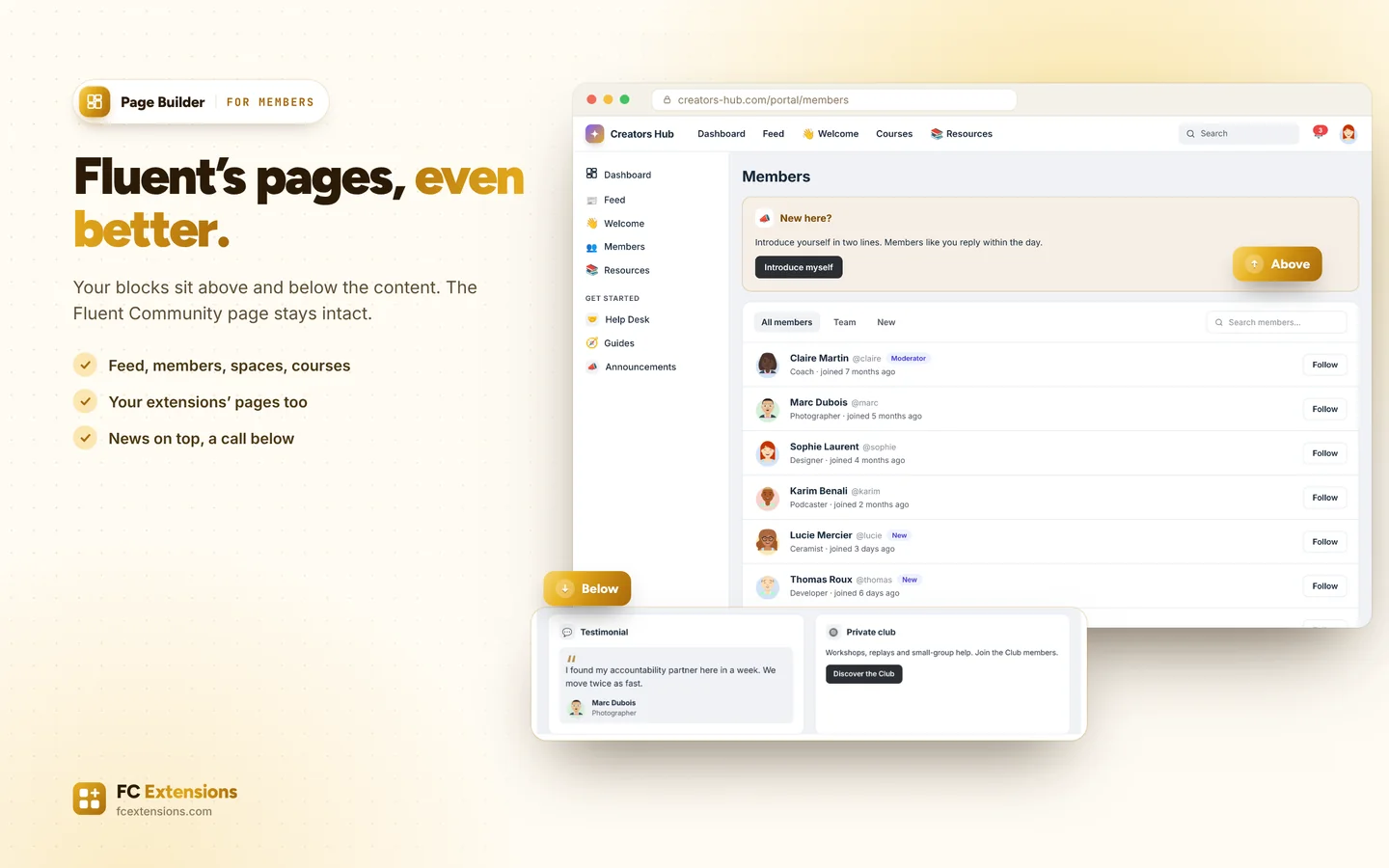 The Fluent Community members page, with a notice above the list and two blocks below.