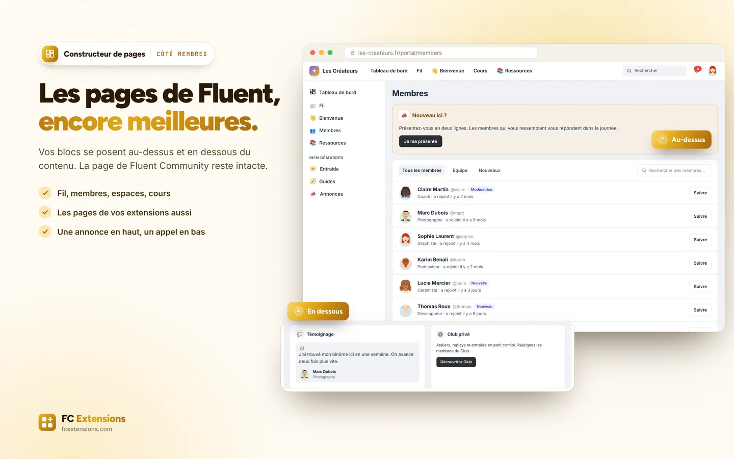 La page des membres de Fluent Community, avec une annonce au-dessus de la liste et deux blocs en dessous.