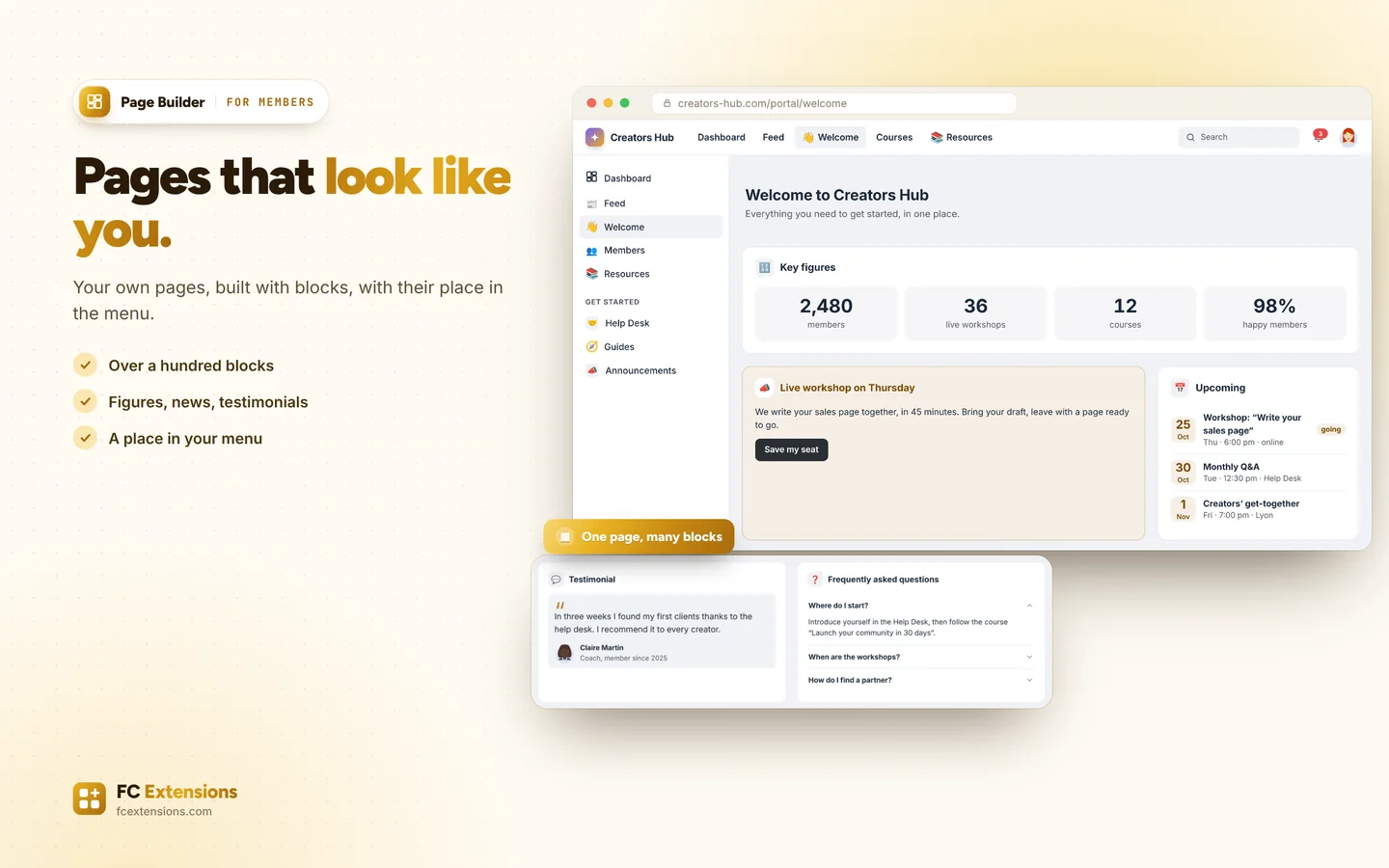 A community’s “Welcome” page, made of blocks: key figures, news, events, testimonial and questions.