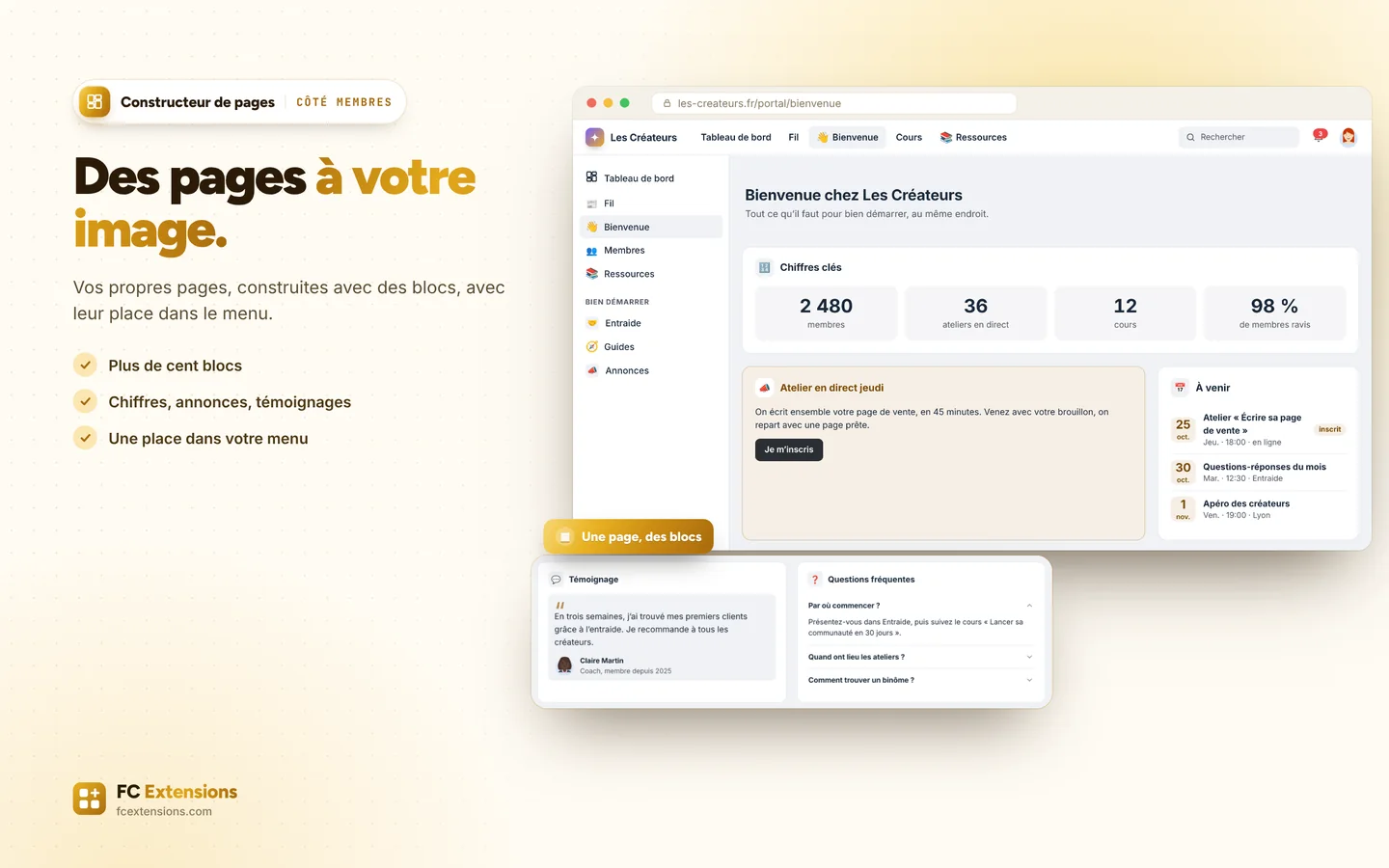 La page « Bienvenue » d’une communauté, faite de blocs : chiffres clés, annonce, évènements, témoignage et questions.