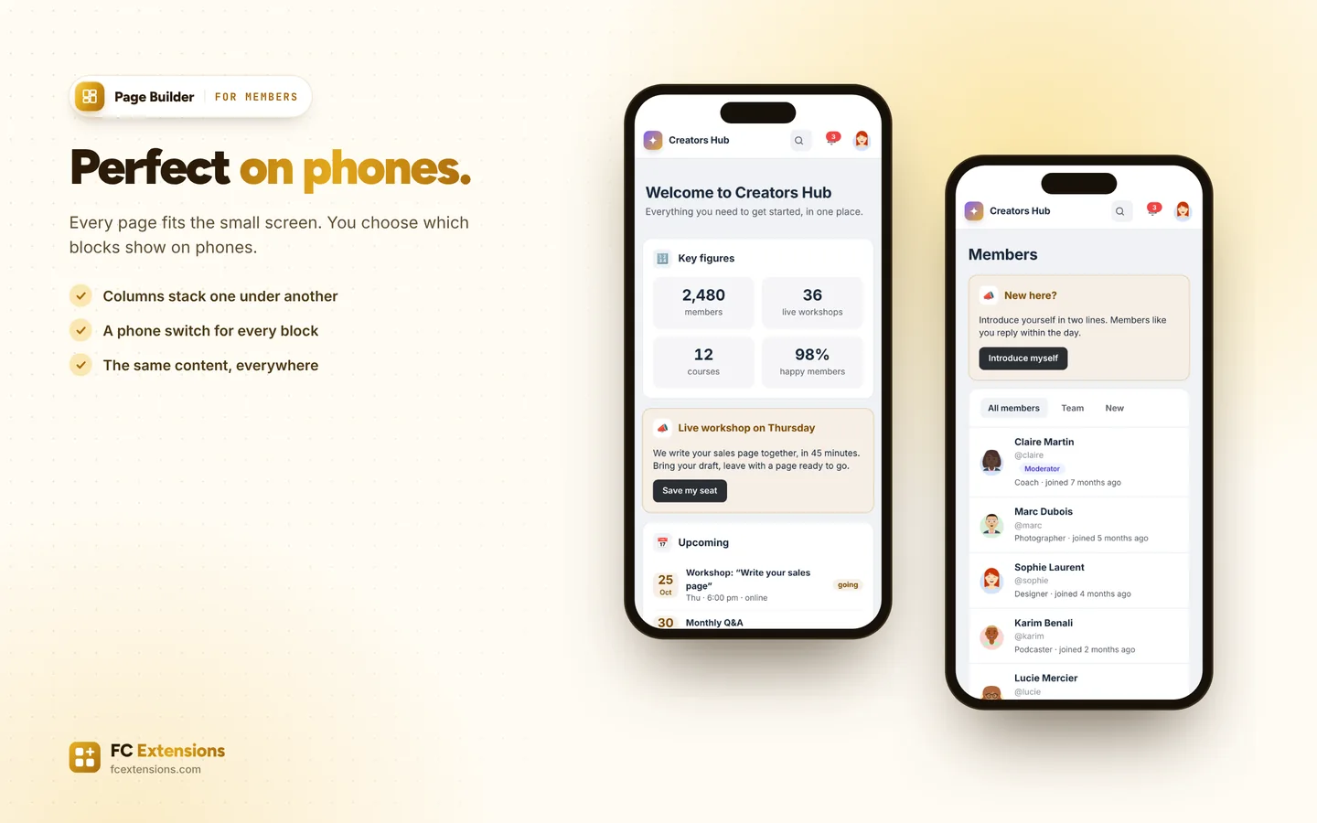 Two phones: the “Welcome” page and the members page with its blocks.