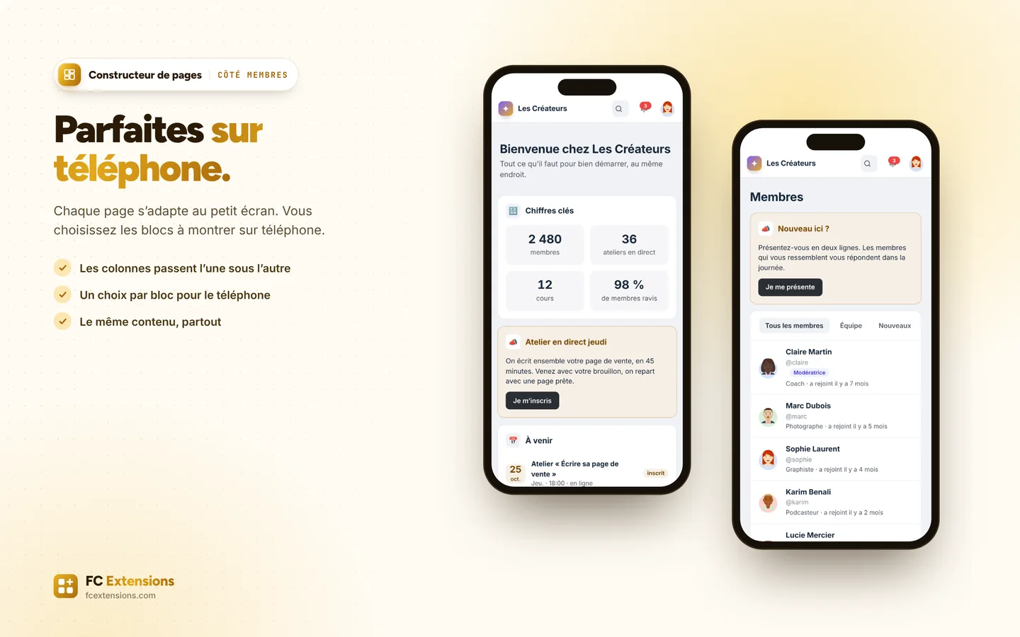 Deux téléphones : la page « Bienvenue » et la page des membres avec ses blocs.
