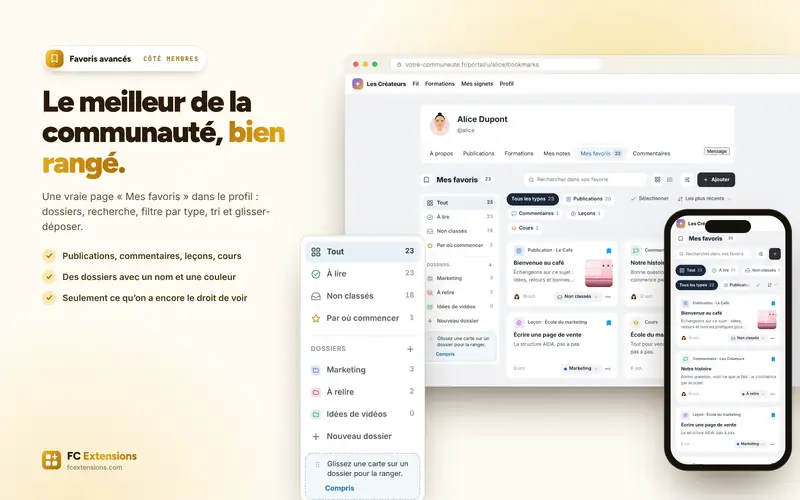 La page « Mes favoris » avec ses dossiers, et la version téléphone.