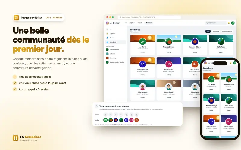 La page des membres avec leurs initiales et leurs couvertures, et la même communauté avant et après.