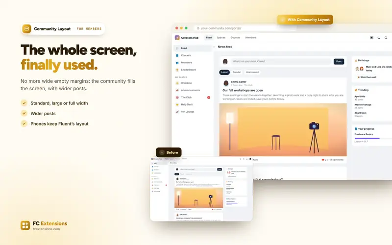 The community feed in Wide screen, and the same feed at Fluent’s width.