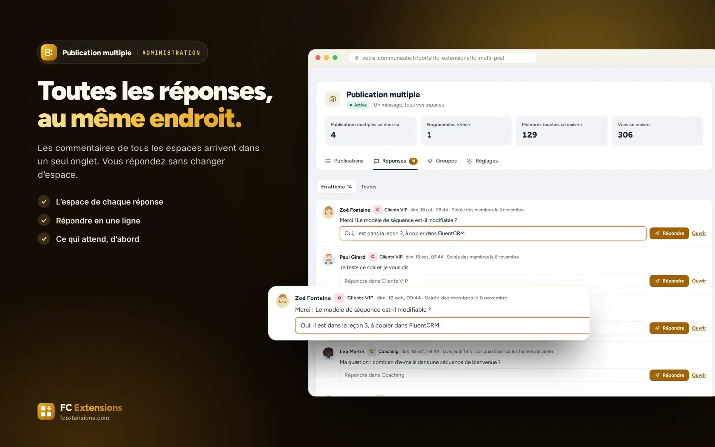 L’onglet Réponses avec une réponse en cours d’écriture.
