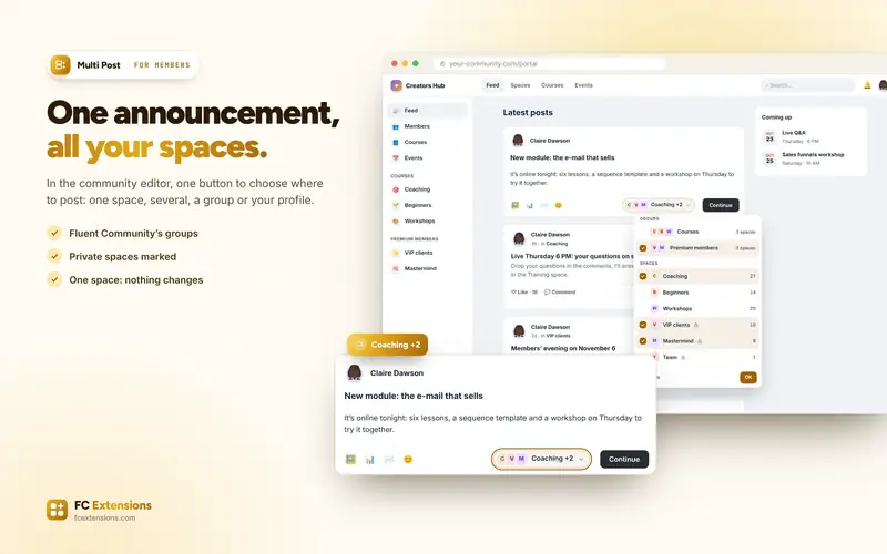 The community editor with the spaces menu open.