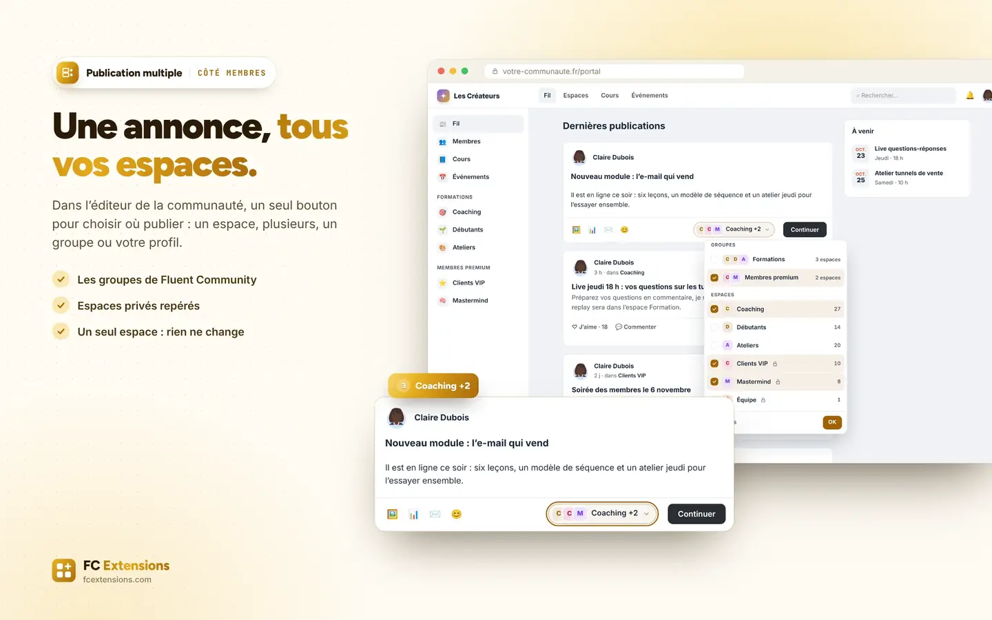 L’éditeur de la communauté avec le menu des espaces ouvert.