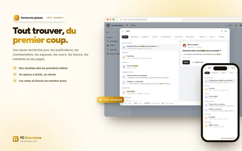 La fenêtre de recherche avec ses résultats groupés et l’aperçu, et la version téléphone.