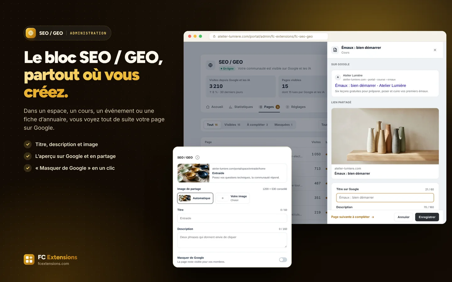 Une page ouverte dans SEO / GEO avec son aperçu sur Google et en partage, et le bloc SEO / GEO dans les réglages d’un espace.