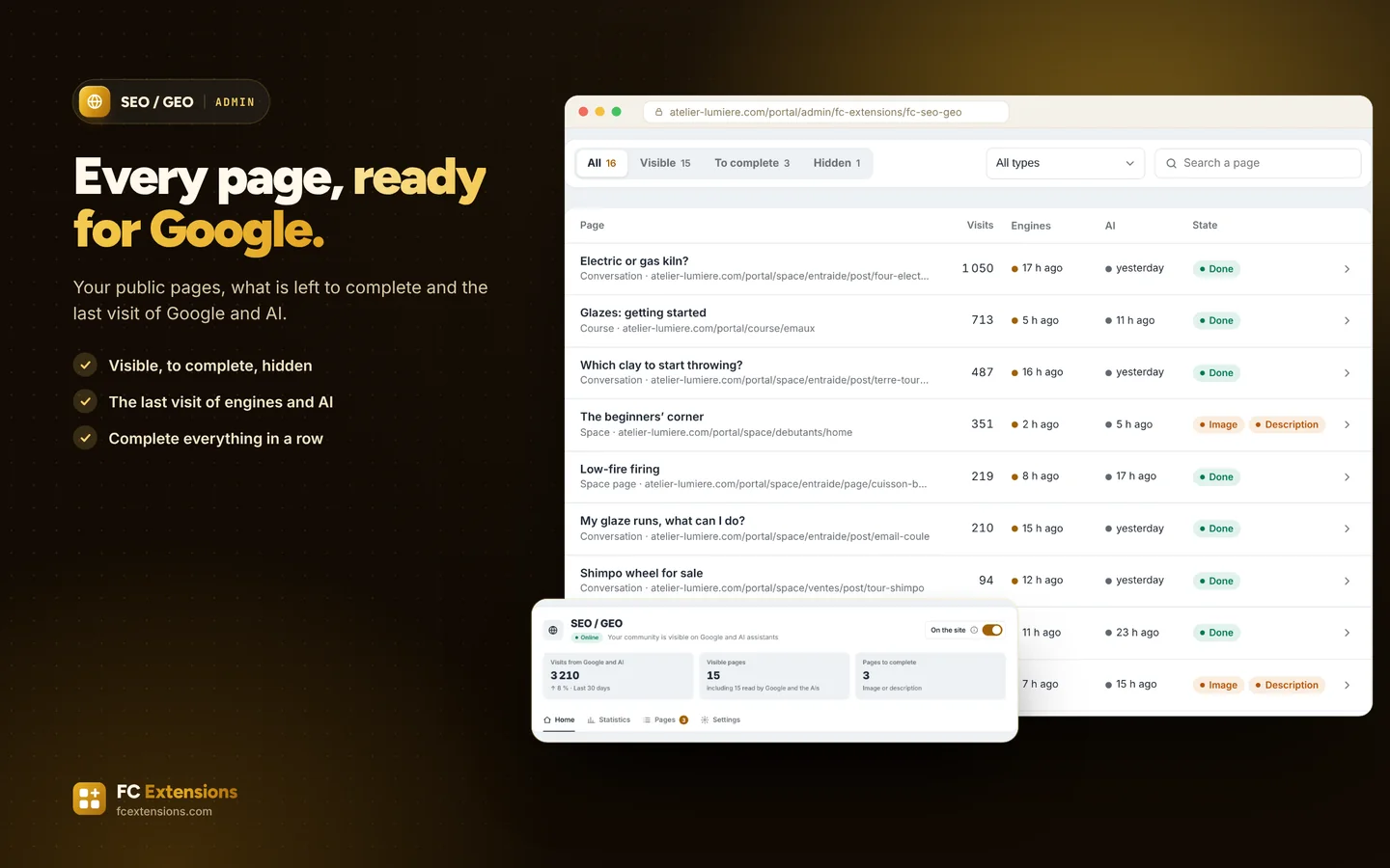 The page list: visits, last visit of engines and AI, and pages to complete.
