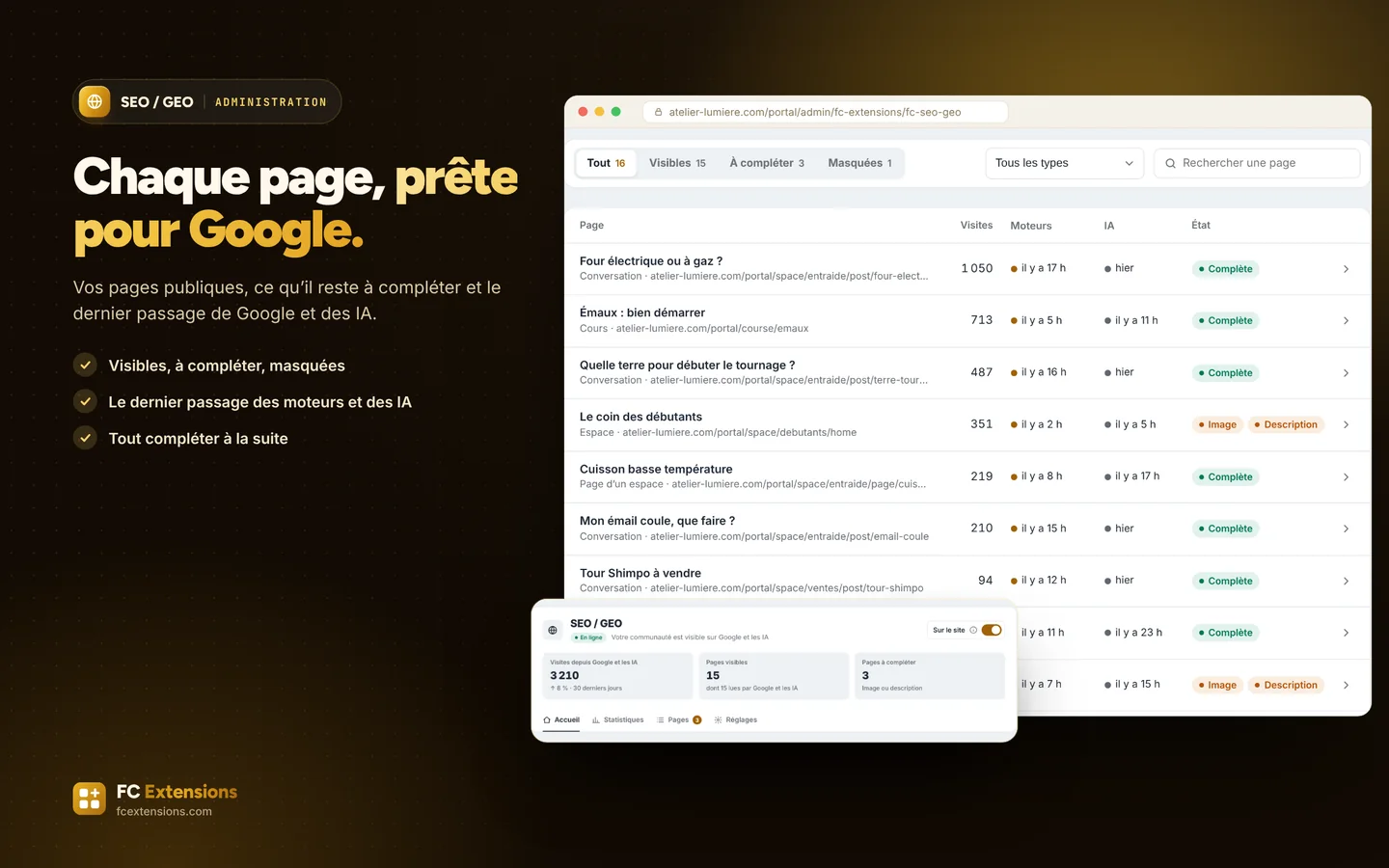 La liste des pages : visites, dernier passage des moteurs et des IA, et pages à compléter.