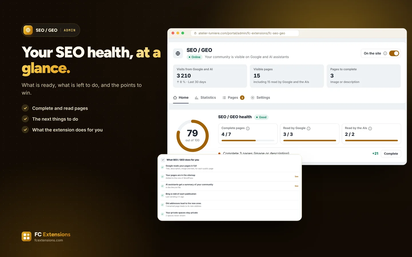 The SEO / GEO home: visits, visible pages, SEO health and what the extension does for you.