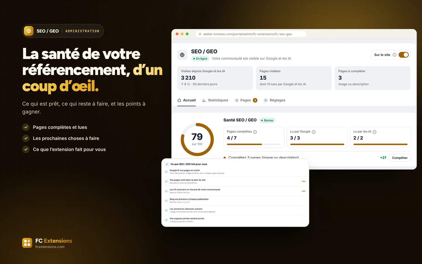 L’accueil de SEO / GEO : les visites, les pages visibles, la santé du référencement et ce que l’extension fait pour vous.