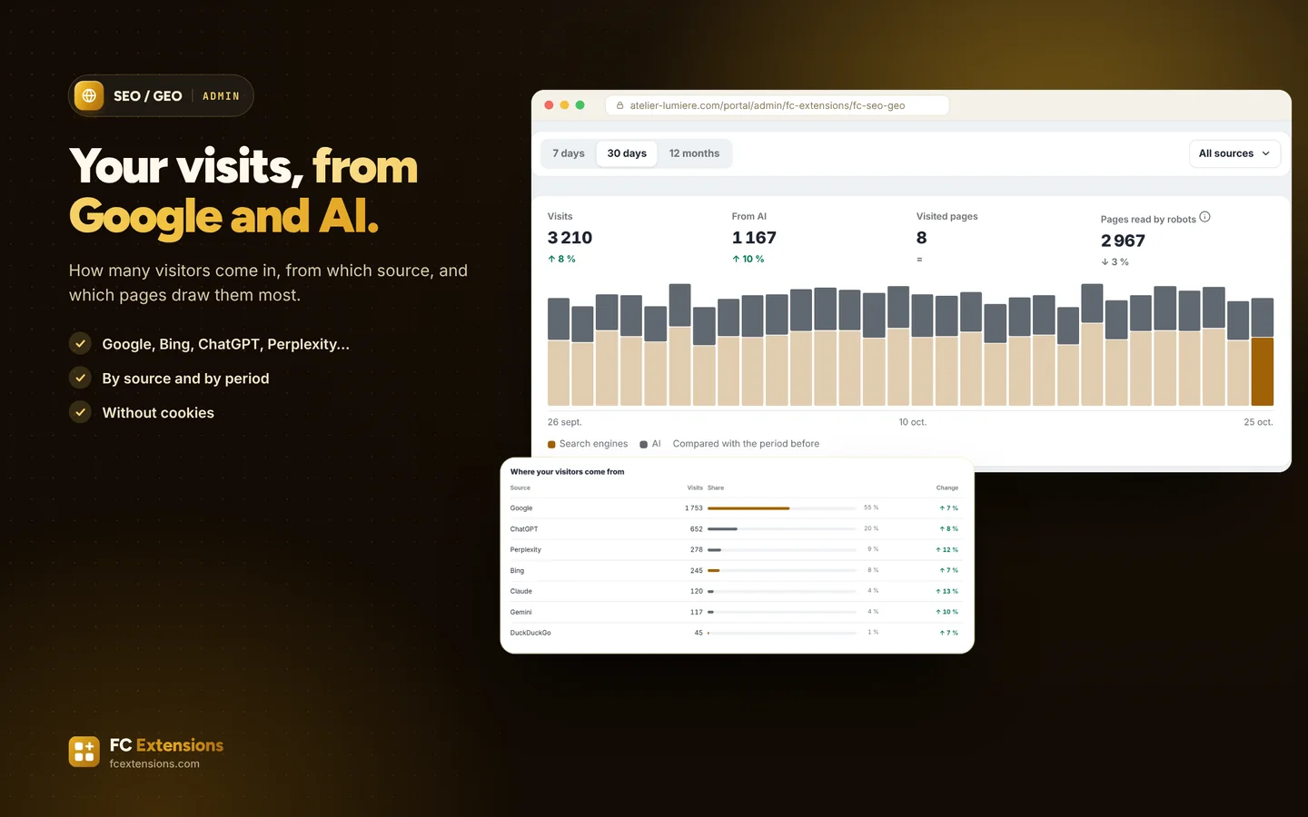 Statistics over 30 days: visits, visits from AI, daily chart and visitor sources.