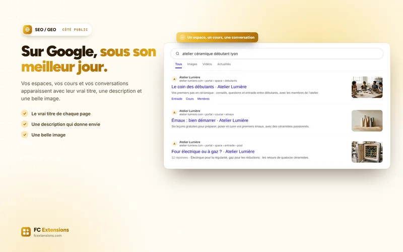 Une recherche sur Google : trois pages de la communauté Atelier Lumière, chacune avec son titre, sa description et son image.