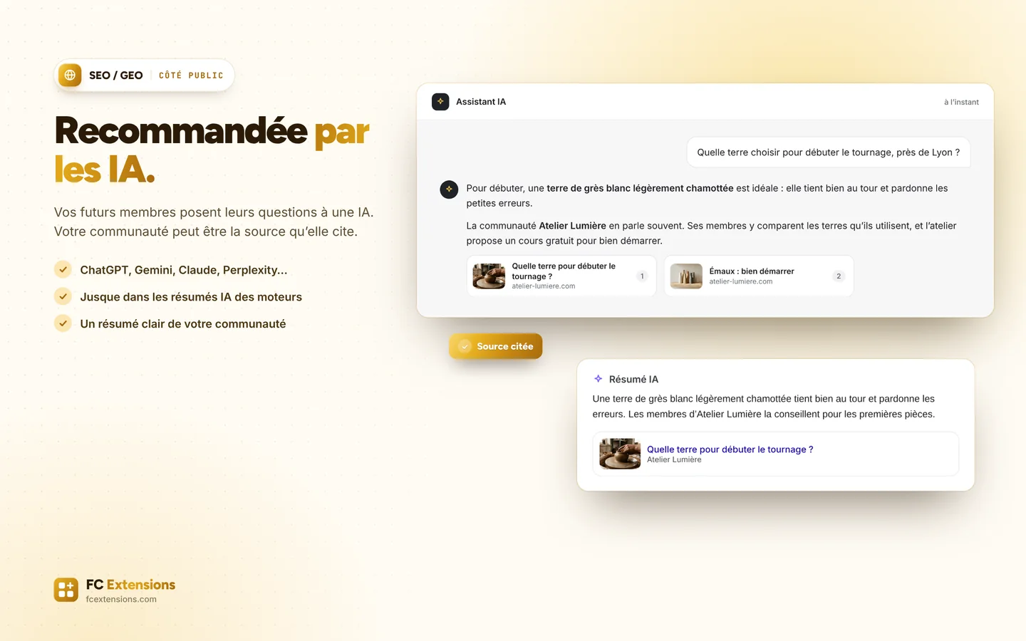 Un assistant IA répond à une question sur la céramique et cite deux pages de la communauté, puis un résumé IA d’un moteur de recherche.