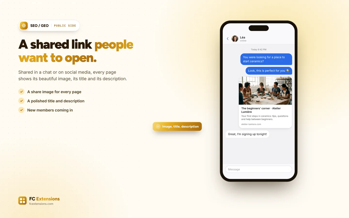 A conversation on a phone: the link to a community space shows with its image, title and description.