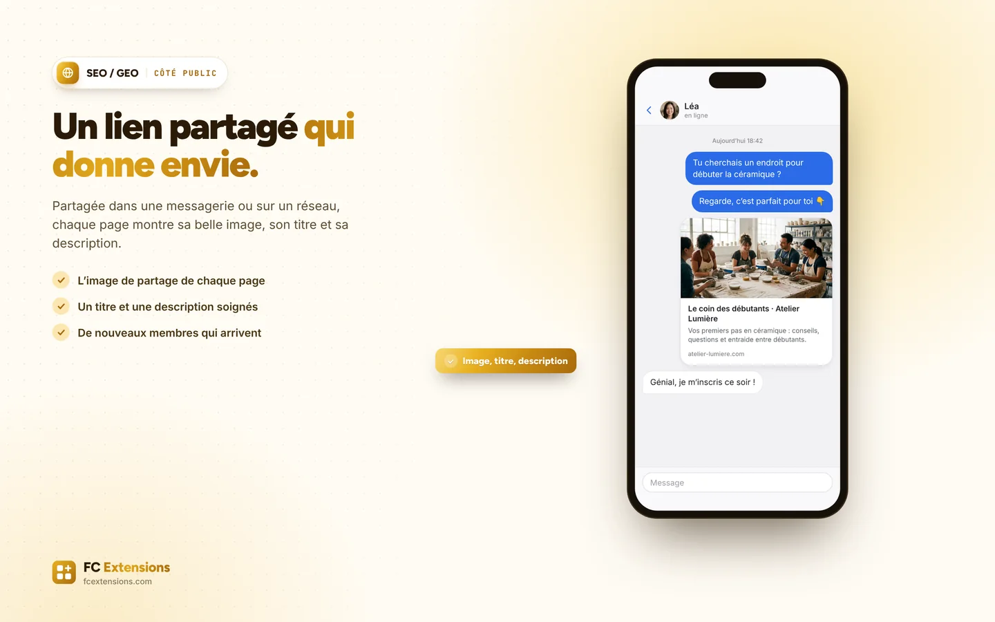 Une conversation sur téléphone : le lien d’un espace de la communauté s’affiche avec son image, son titre et sa description.