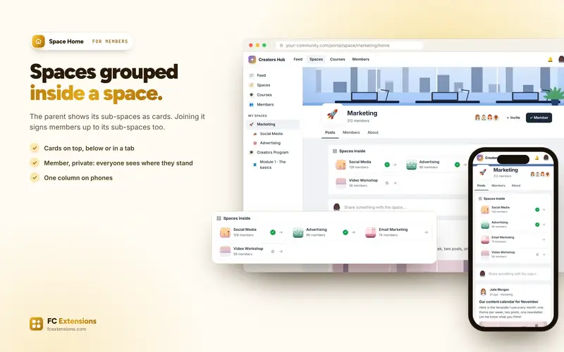 A parent space and its sub-space cards, on desktop and on phone.