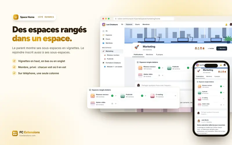 Un espace parent et ses sous-espaces en vignettes, sur ordinateur et sur téléphone.