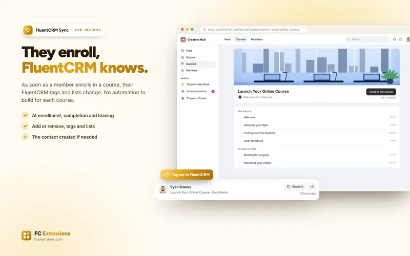 A course page with “Enroll in the course”, and the FluentCRM update that follows.