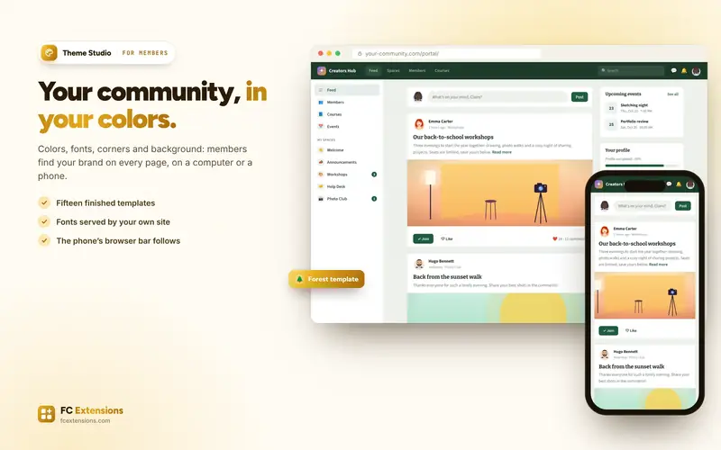 The community with the Forest theme, on a computer and a phone.