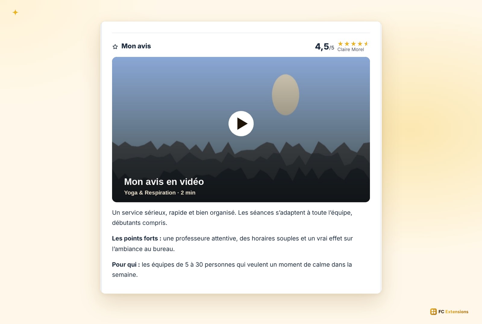 Une fiche de l'annuaire avec « Mon avis » : la note de 4,5 sur 5, l'avis en vidéo et le texte de l'avis.