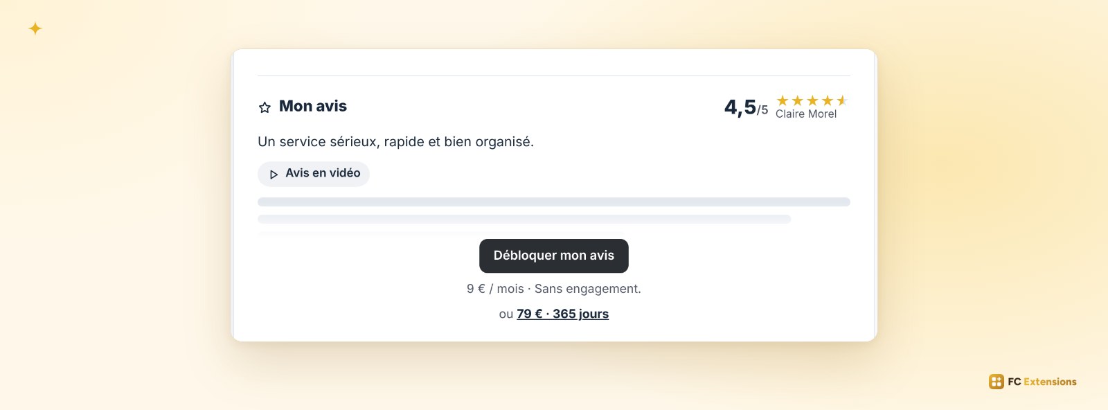 La première phrase de l'avis visible par tous, puis le bouton « Débloquer mon avis » avec ses prix.