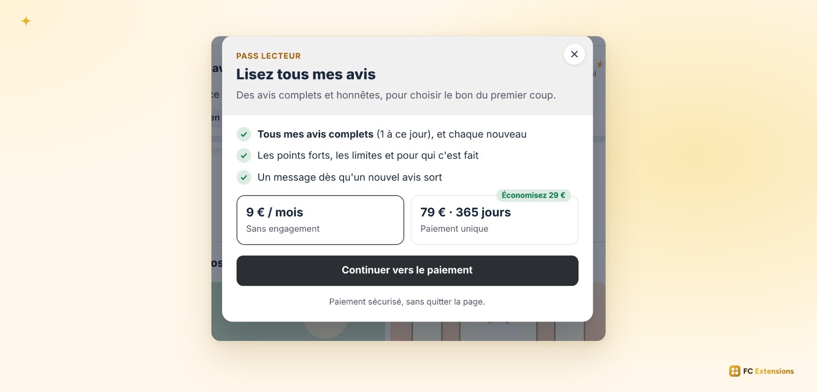 La fenêtre de vente du Pass Lecteur : ce que contient le Pass, deux formules et le bouton pour payer sans quitter la page.