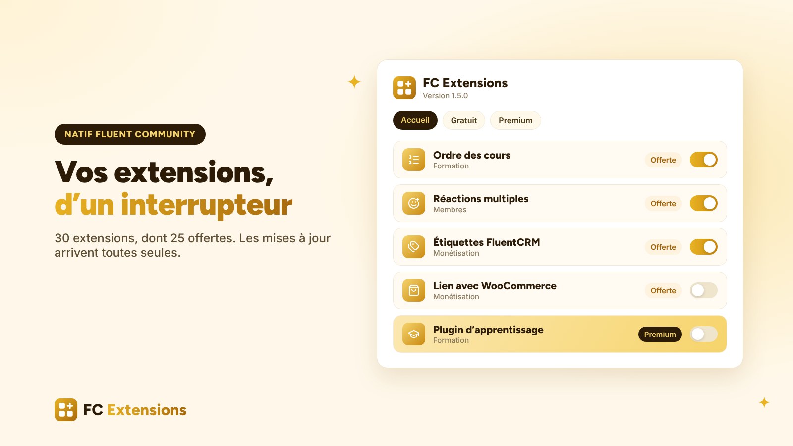 L’écran FC Extensions dans WordPress : la liste des extensions avec leurs interrupteurs, Ordre des cours, Réactions multiples et Étiquettes FluentCRM activées, le Plugin d’apprentissage en premium.