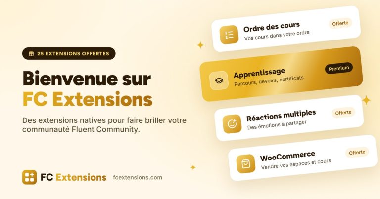 Image à la une : « Bienvenue sur FC Extensions », avec des cartes d’extensions offertes et une carte premium dorée.