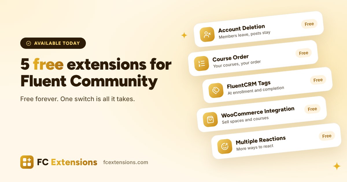 Featured image: 5 free extensions for Fluent Community, available today, with their cards.