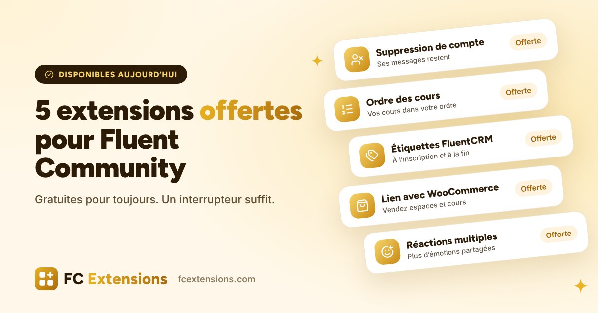 Image à la une : 5 extensions offertes pour Fluent Community, disponibles aujourd’hui, avec leurs cartes.