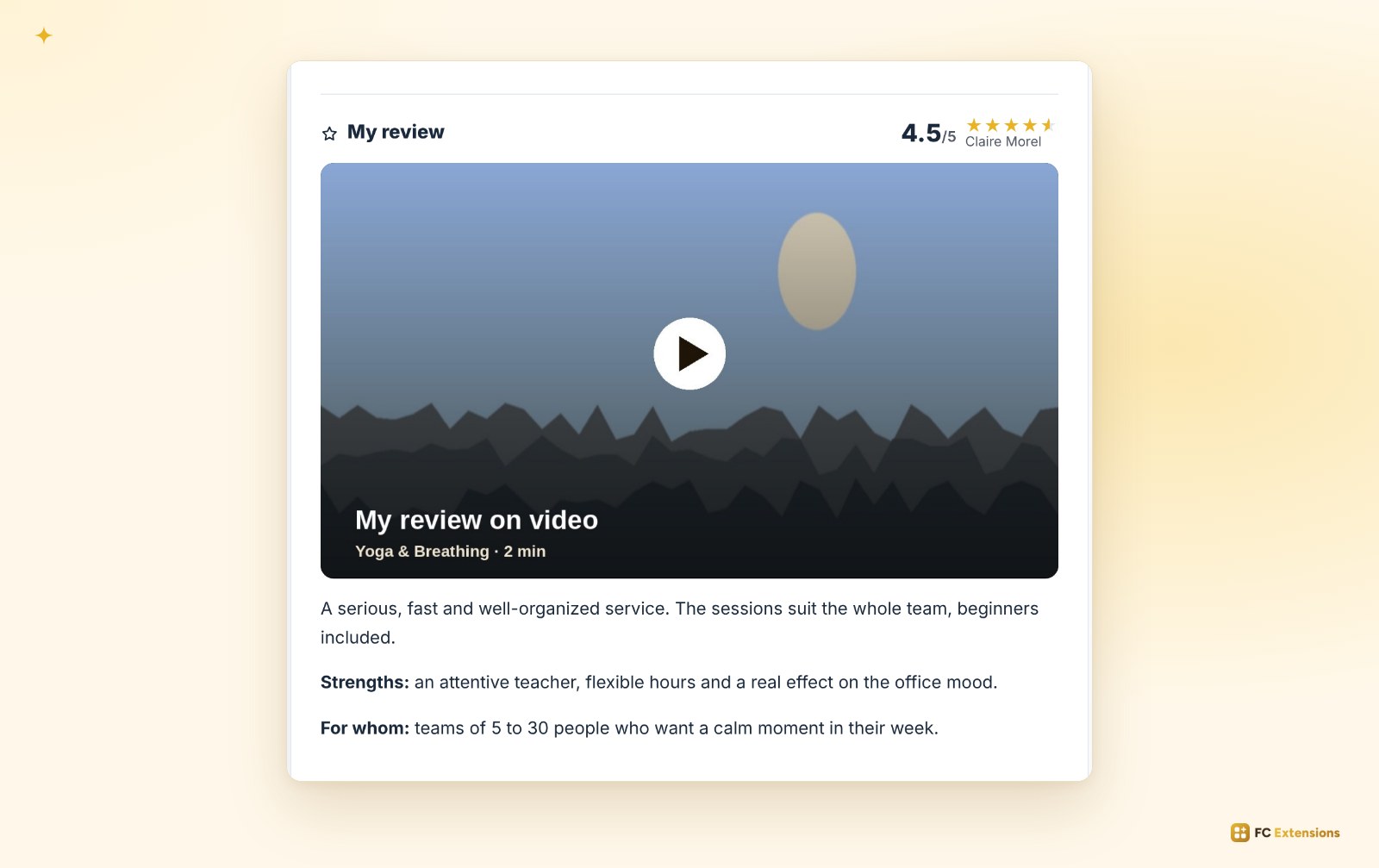 A directory listing with « My review »: a 4.5 out of 5 rating, the review on video and the review text.