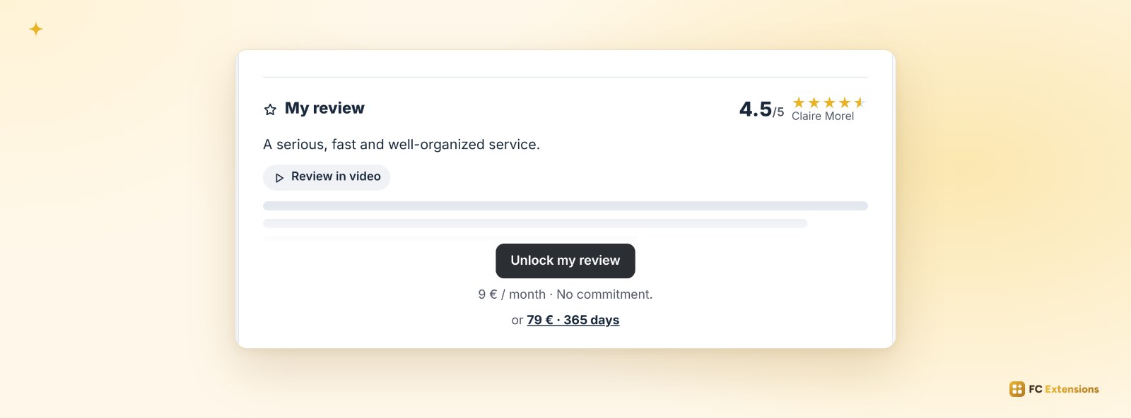 The first sentence of the review visible to all, then the « Unlock my review » button with its prices.