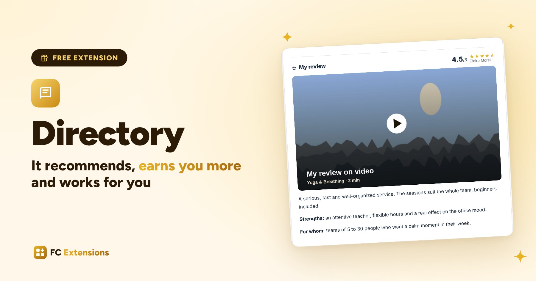 Featured image: « Directory. It recommends, earns you more and works for you », with a listing and its video review.