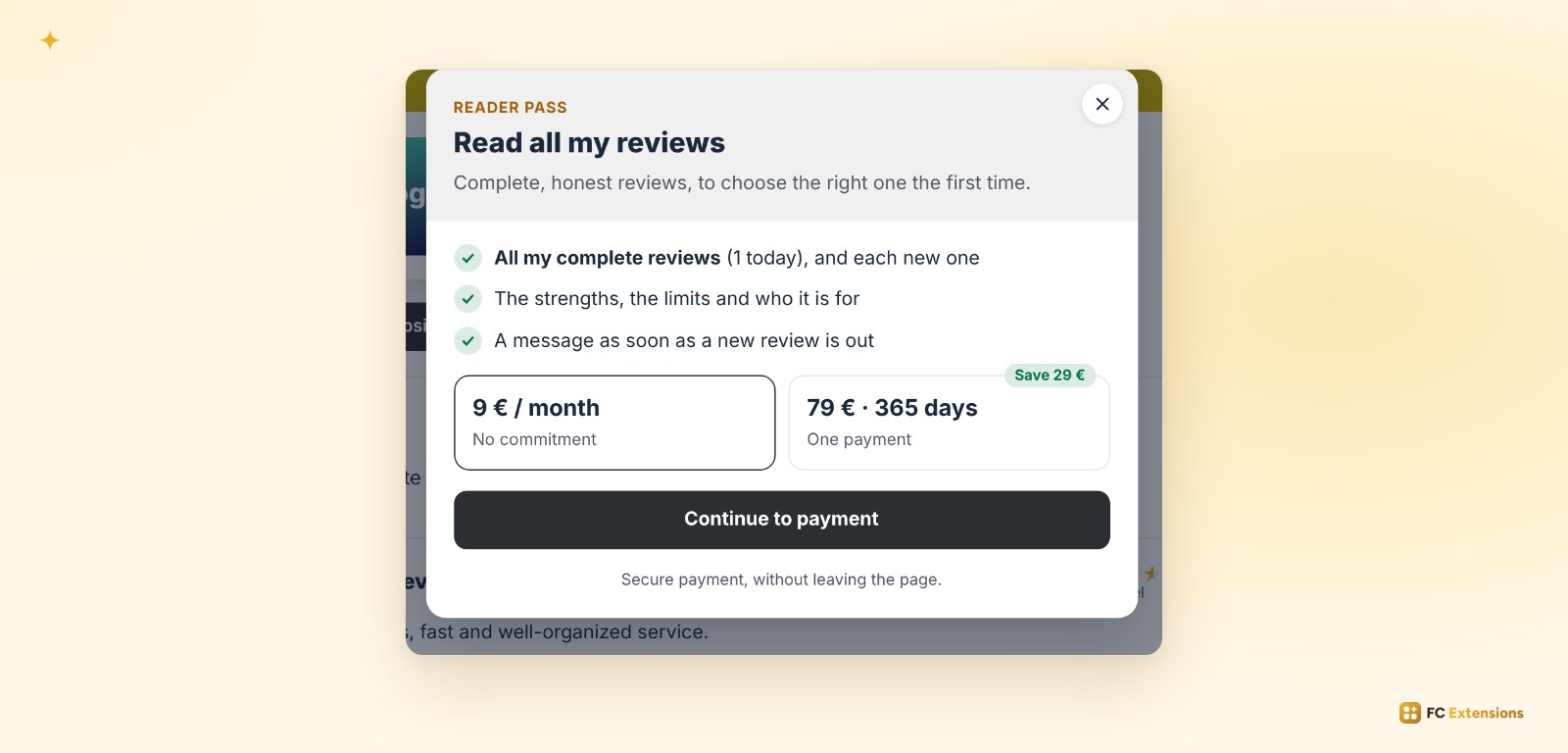 The Reader pass sales window: what the pass includes, two plans and the button to pay without leaving the page.