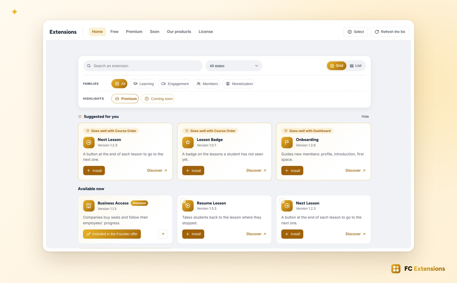 The list of extensions in FC Extensions 1.6: the search, the Learning, Engagement, Members and Monetization families, the Premium and Coming soon pills, and the suggested extensions.