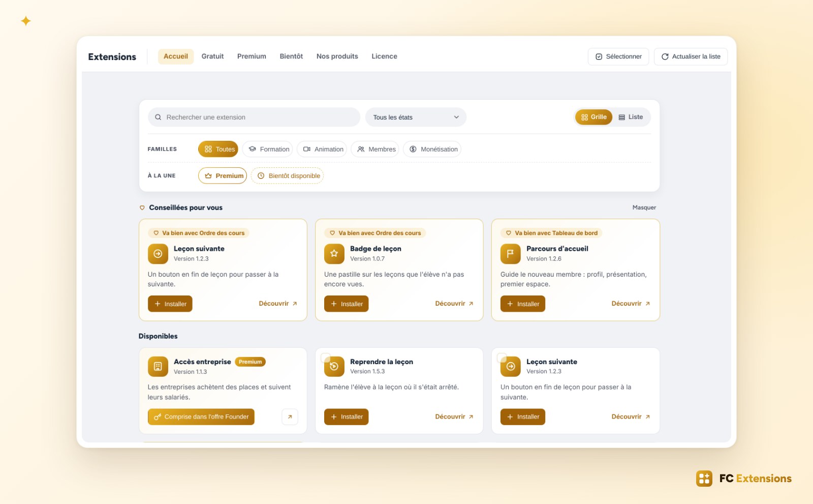 La liste des extensions dans FC Extensions 1.6 : la recherche, les familles Formation, Animation, Membres et Monétisation, les pastilles Premium et Bientôt disponible, et les extensions conseillées.