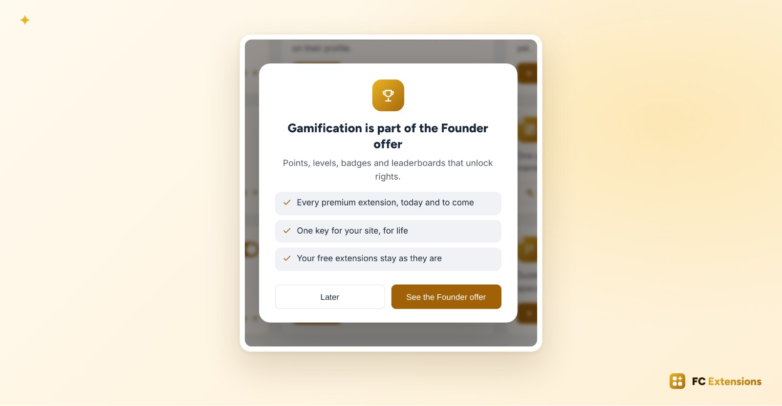 The window Gamification is part of the Founder offer: the description of the extension, three benefits of the offer, and the Later and See the Founder offer buttons.